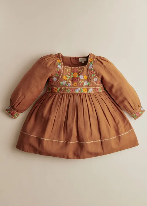 Robe Lisha - Broderie Contrastée Fond Marron