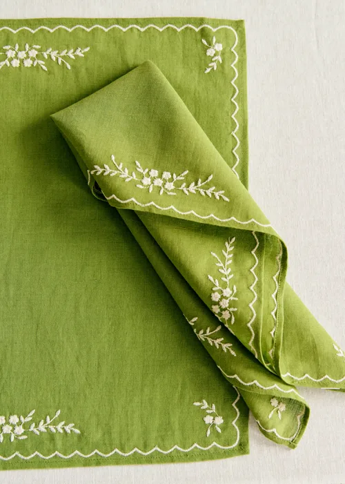 Set de 2 serviettes - Brodées Primavera - Vert Olive et Ecru — image 2