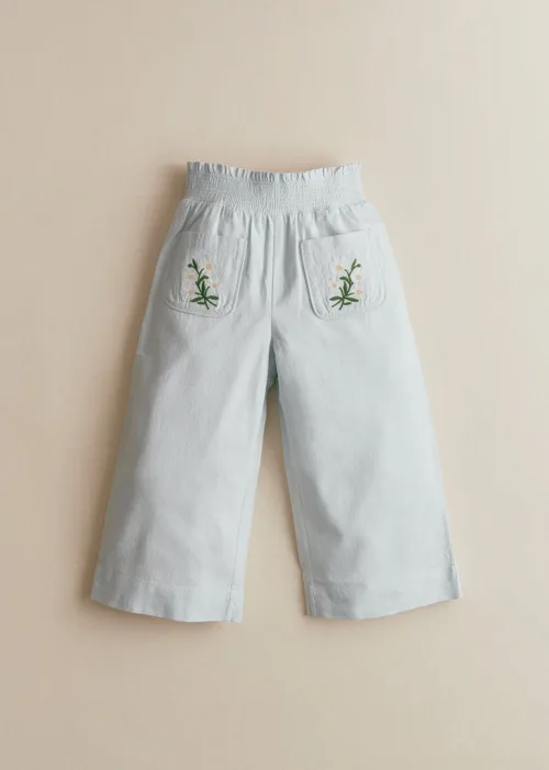 Pantalon Solane - Broderie Contrastée Marguerite Fond Bleu Ciel