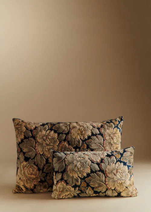 Coussin vintage velours bleu marine - Petit modèle - Jacquard bouquet de minuit