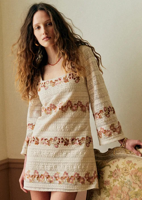 Robe Doma - Guipure Contrastée Fleurs Fond Écru