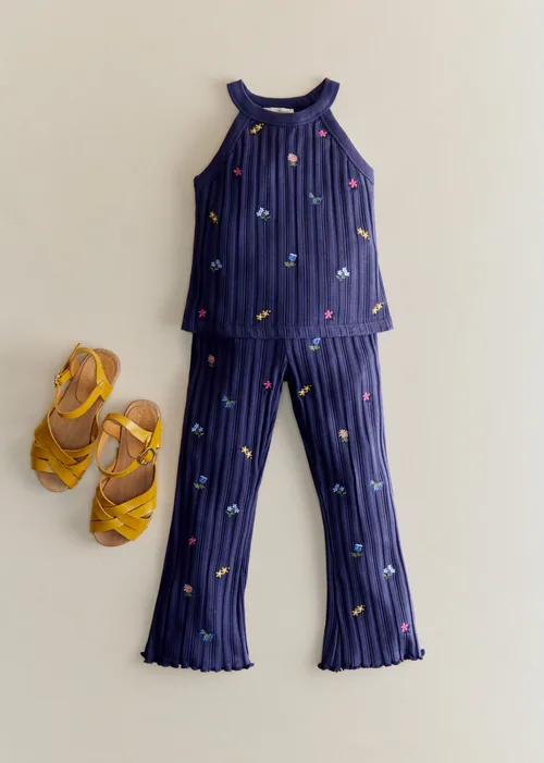 Pantalon Julia - Marine / Broderie Fleurs Herbier