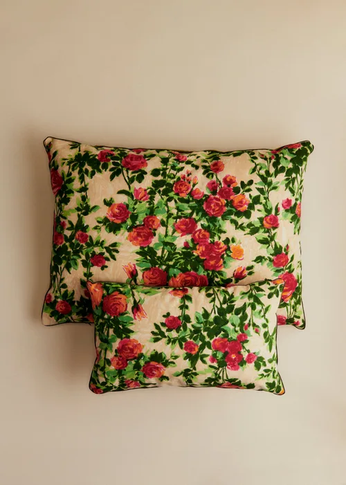 Coussin vintage velours vert - Très grand modèle - Imprimé Rosiers — image 3