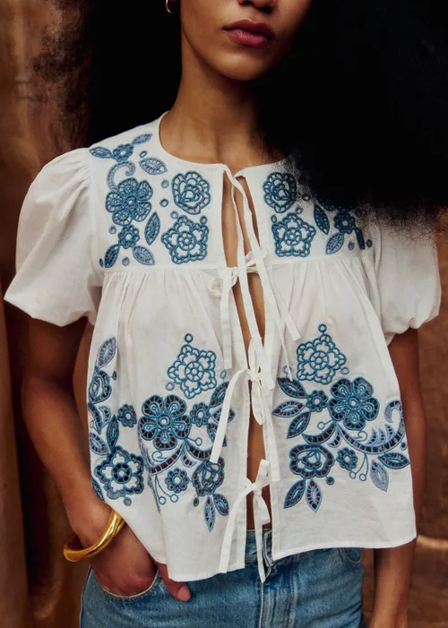 Chemise Alixia - Broderie placée Bleu Ocre Fond Ecru — image 3