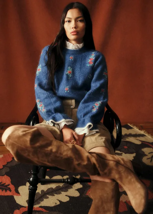 Pull Mathieu - Sézane x Baziszt - Jacquard Fond Bleu