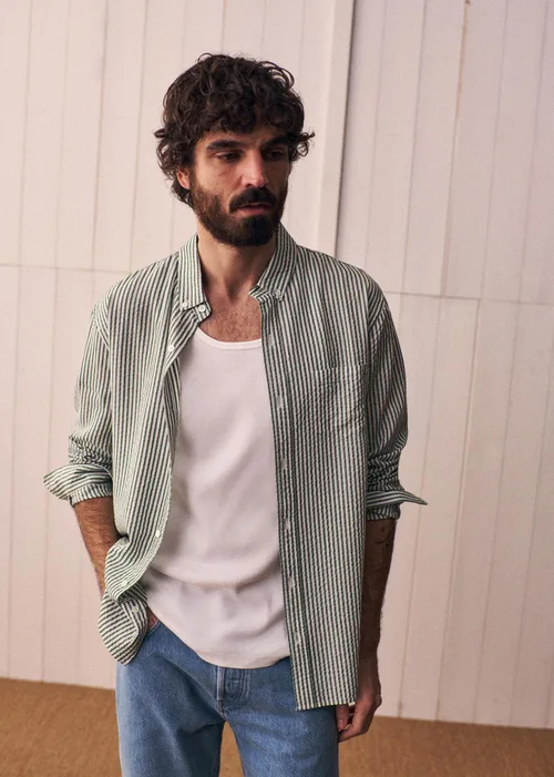 Chemise Charlie Seersucker - Blanc Rayures Vertes — image 3