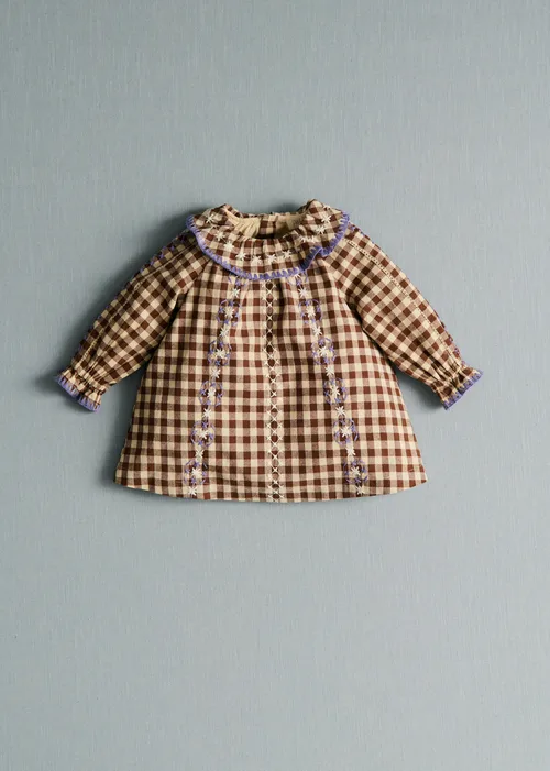 Robe Hélo - Vichy Marron Broderies Lila