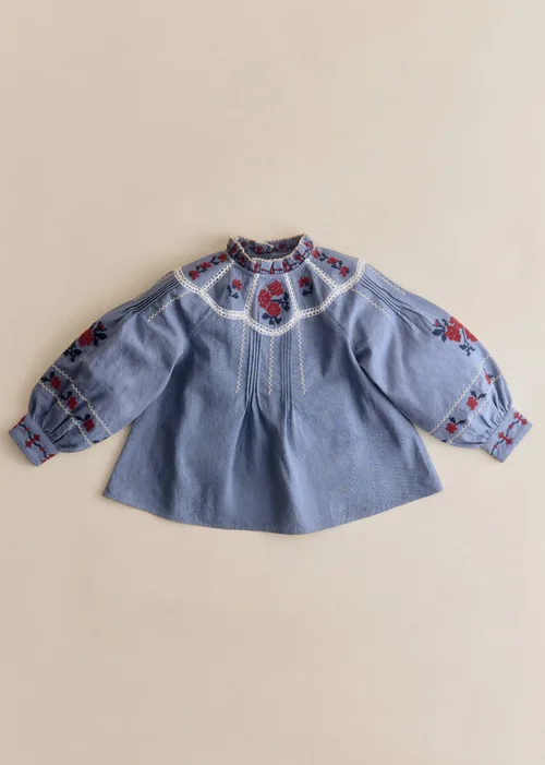 Blouse Eugenia - Sézane x SEA NY - Broderie Contrastée Brique Fond Marine - Création Solidaire