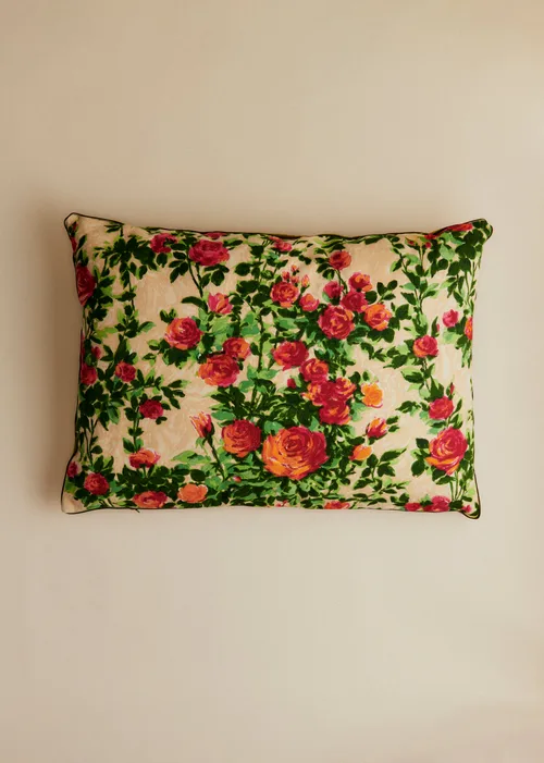 Coussin vintage velours vert - Très grand modèle - Imprimé Rosiers