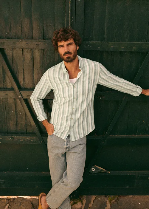 Chemise Charlie Coton Lin - Écru Multirayures Vertes — image 4
