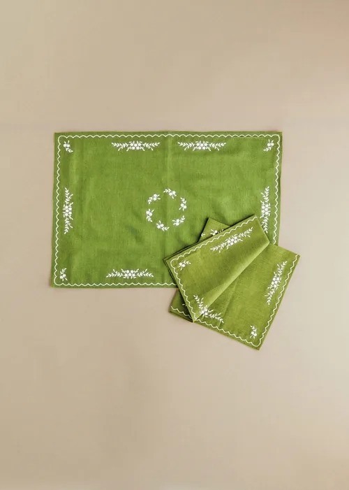 Set de 2 serviettes - Brodées Primavera - Vert Olive et Ecru — image 4