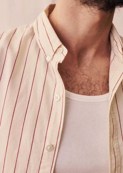 Chemise Charlie Coton Lin - Écru Rayures Fines Rouges — image 6