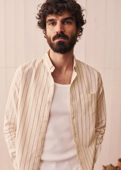 Chemise Charlie Coton Lin - Écru Rayures Fines Rouges — image 4