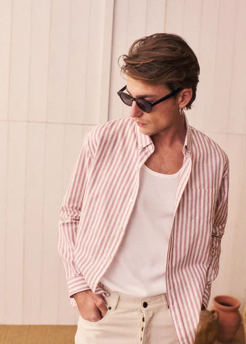 Chemise Charlie Coton Lin - Rayures Rose Ancien / Blanc — image 8