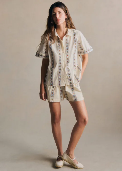 Broderie Placee Ecru Details Rayures Bleu