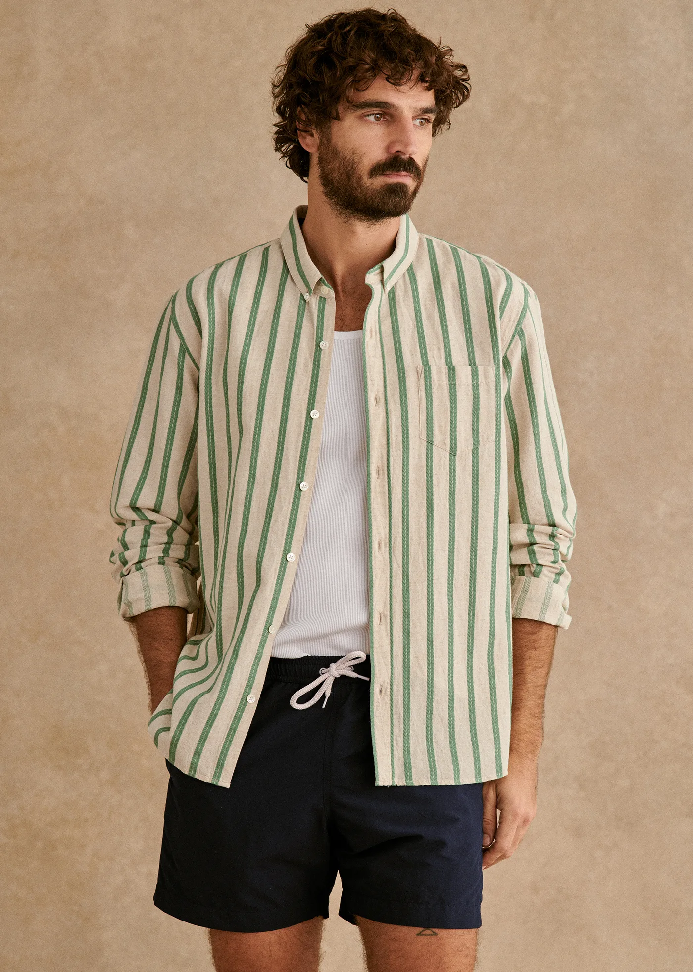 Chemise Charlie Coton Lin - Écru Rayures Vertes