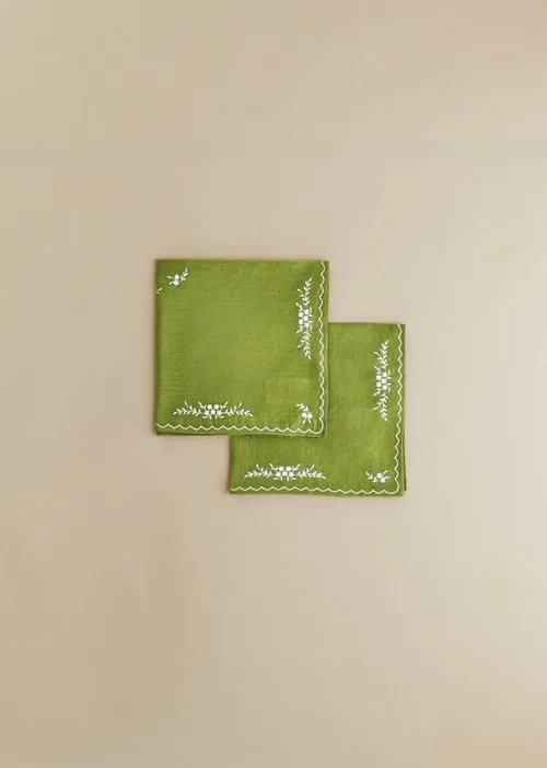 Set de 2 serviettes - Brodées Primavera - Vert Olive et Ecru