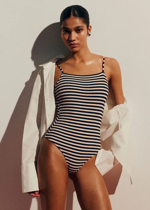 Maillot de bain Solara - Jacquard Rayé Marine Écru