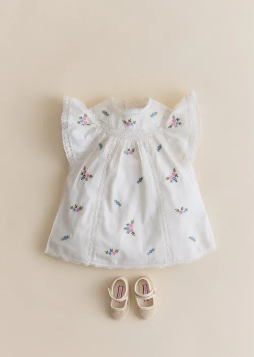 Robe Dorrie - Broderie Placée Fleurs Multico Fond Crème