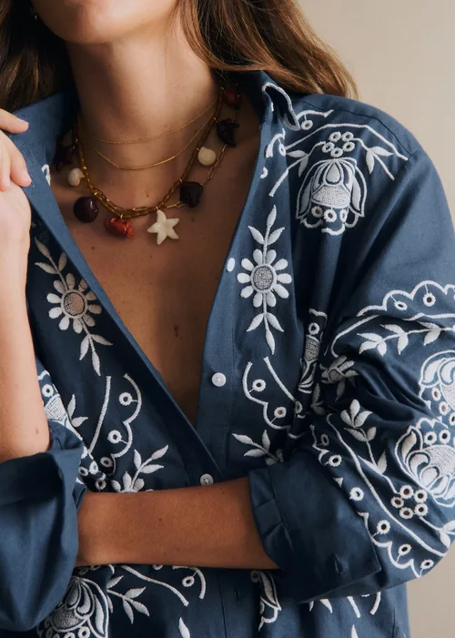 Chemise Maxy - Broderie Contrastée Ecru Fond Bleu Ardoise — image 3