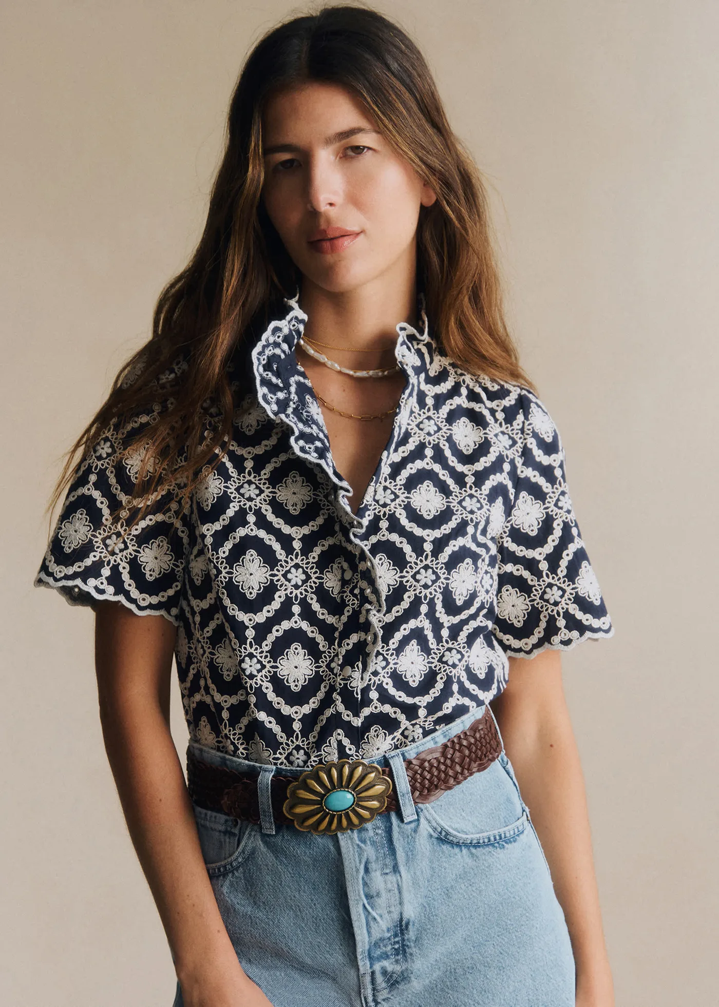 Chemise Dalhia - Fond Marine Broderie Ecru