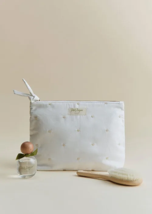 Trousse de toilette zippée - Blanc Broderie Coeur Beige