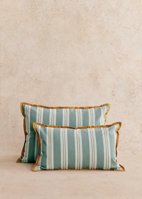 Coussin Tissé Rayures - Petit modèle - Bleu et Café — image 3