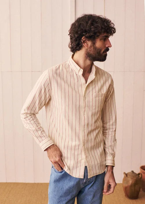 Chemise Charlie Coton Lin - Écru Rayures Fines Rouges — image 3