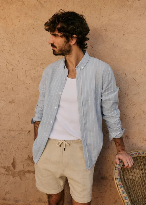 Chemise Charlie Coton Lin - Bleu Ciel Rayures Blanches — image 3