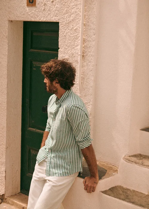Chemise Charlie Coton Lin - Rayures Blanc / Vert — image 3