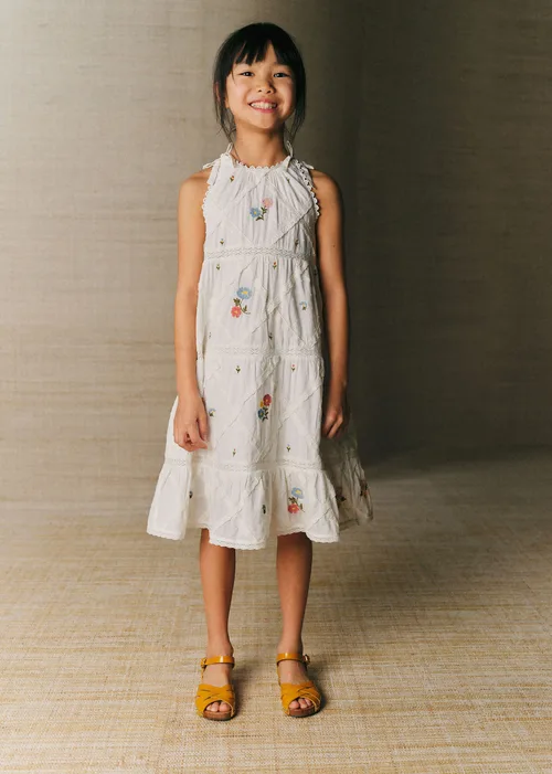 Robe Rebecca - Broderie Contrastée Tricolore Fond Ecru