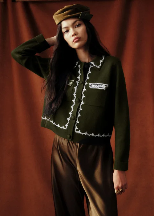 Gilet Betty - Sézane x Baziszt - Brodé Kaki Ecru — image 3