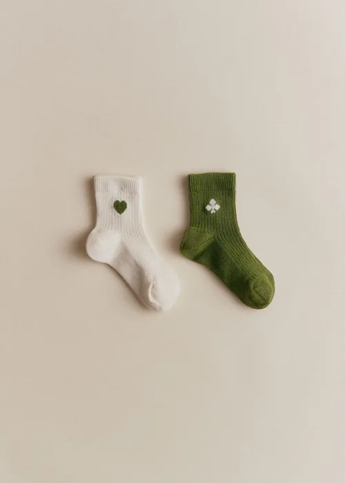 Lot de 2 chaussettes Coeurs - Écru Coeur / Trèfle Vert Chance