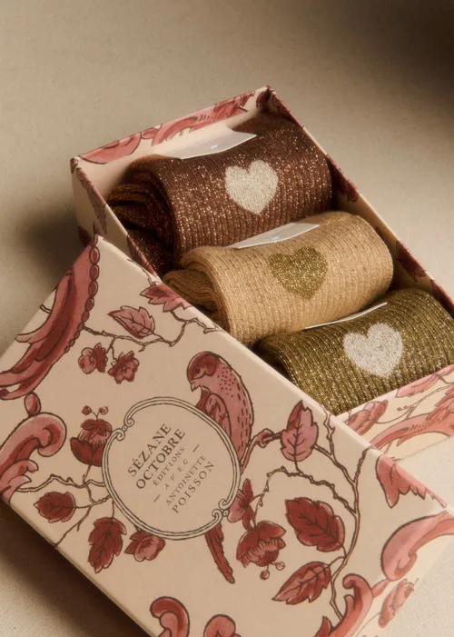 Coffret de 3 chaussettes lurex coeur - Brun Kaki Doré — image 2