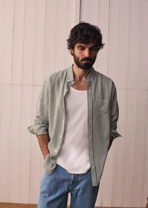 Chemise Charlie Seersucker - Blanc Rayures Vertes