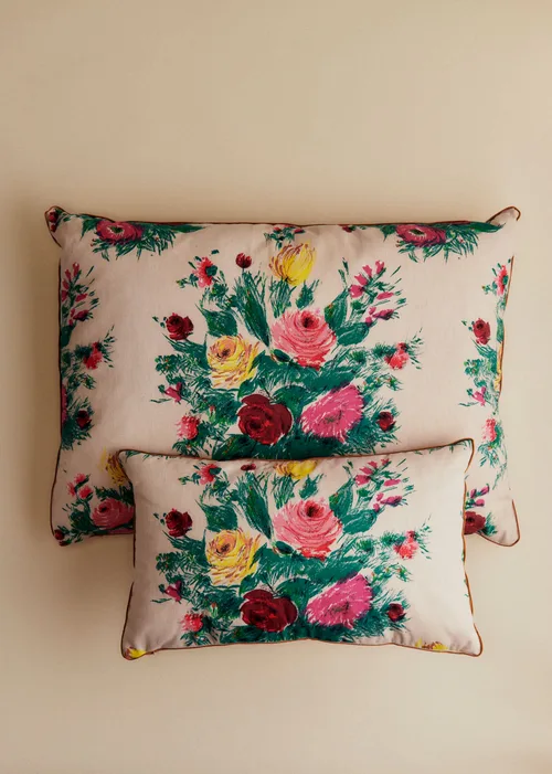 Coussin vintage velours beige - Très grand modèle - Imprimé Bouquet Fleurs de Jardin — image 3