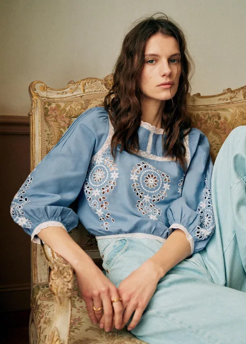 Blouse Enea - Broderie Contrastée Écru Fond Chambray — image 4