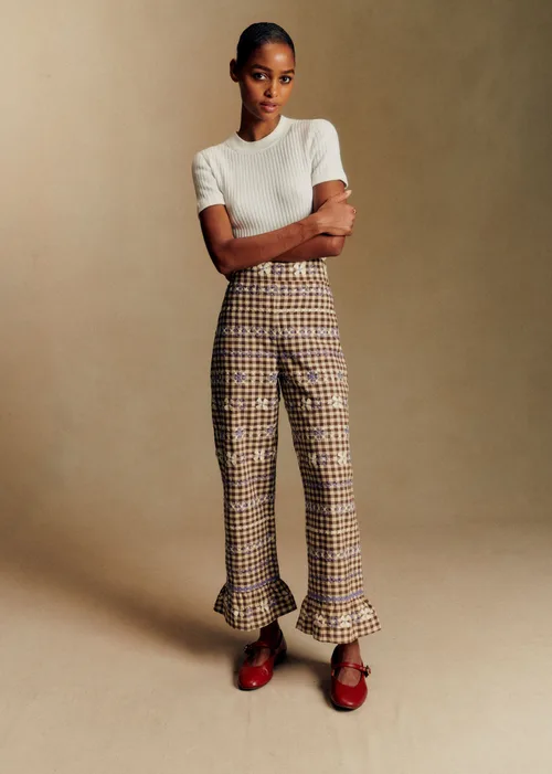 Pantalon Alexio - Vichy Marron Broderies Lila — image 3
