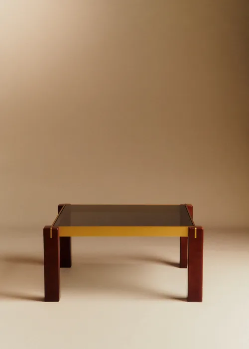 Table basse vintage carrée laiton, bois et verre fumé - Laiton et Bois — image 6