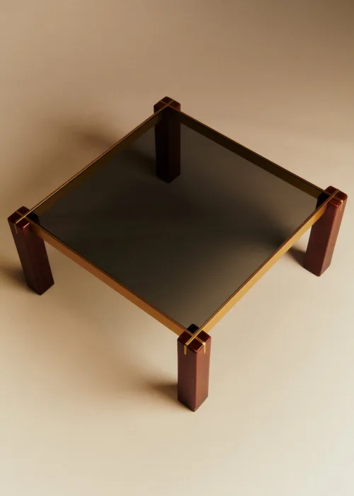 Table basse vintage carrée laiton, bois et verre fumé - Laiton et Bois