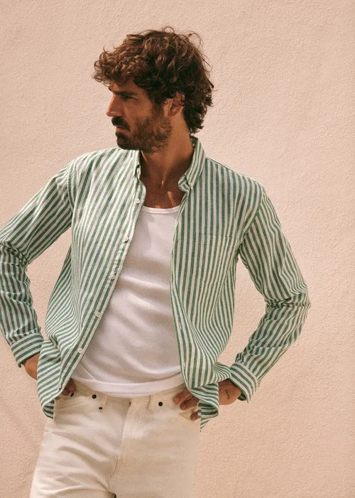 Chemise Charlie Coton Lin - Rayures Blanc / Vert — image 6