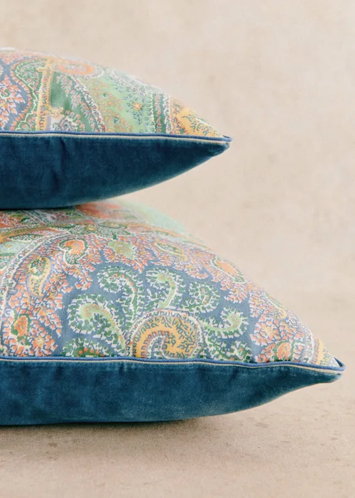 Coussin vintage velours bleu - Très grand modèle - Imprimé cachemire — image 2