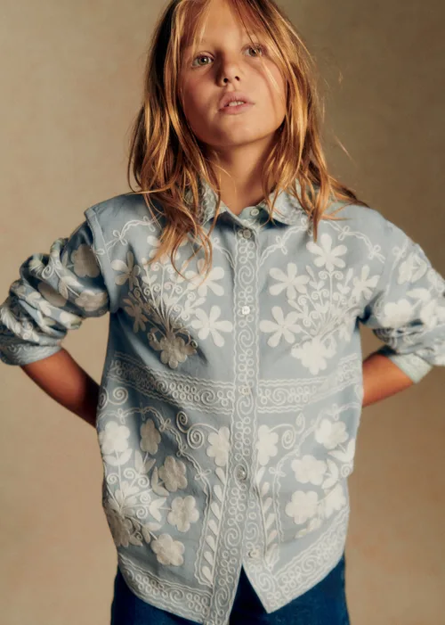 Chemise Maxine - Petit Sézane x Baziszt - Broderie Folk Ecru Fond Bleu
