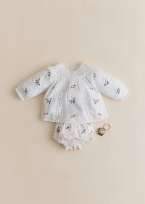 Blouse Dorrita - Broderie Placée Fleurs Multico Fond Crème — image 3