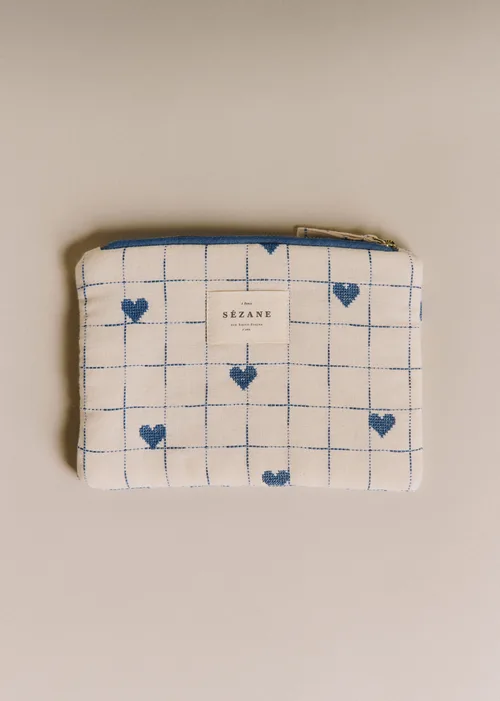 Pochette plate - Broderie Coeurs Bleu Vintage